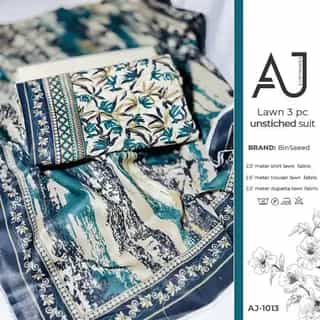 Teal blue lawn suit unstitched 3 piece by AJ Apparel