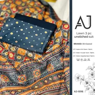Ajrak lawn suit in mustard and navy