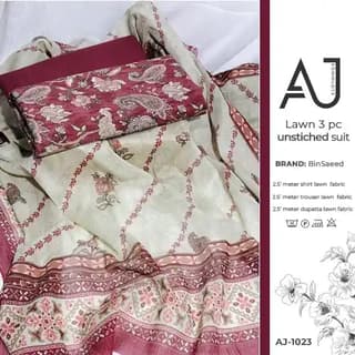 White lawn suit with maroon floral border