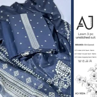Navy blue lawn suit with white printed panel