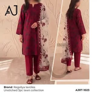 Embroidered lawn suit in maroon with cream dupatta