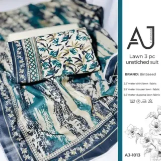 Teal blue lawn suit unstitched 3 piece by AJ Apparel
