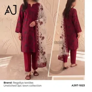 Embroidered lawn suit in maroon with cream dupatta
